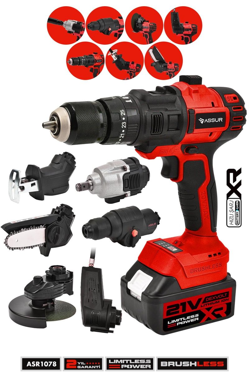 Assur Profesyonel 7 Başlıklı Set 21V Vidalama Taşlama Somun Sıkma Tilki Kuyruğu Budama Hava Pompası Hilti
            
            
                (ASR1078-02-1)