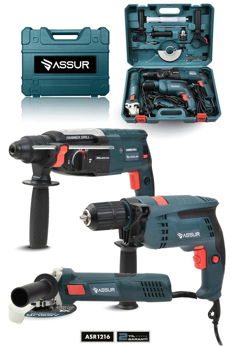 Assur Profesyonel Elektrikli 3'lü Set Matkap,Taşlama,Kırıcı/Delici Hilti
            
            
                (ASR1216-04)