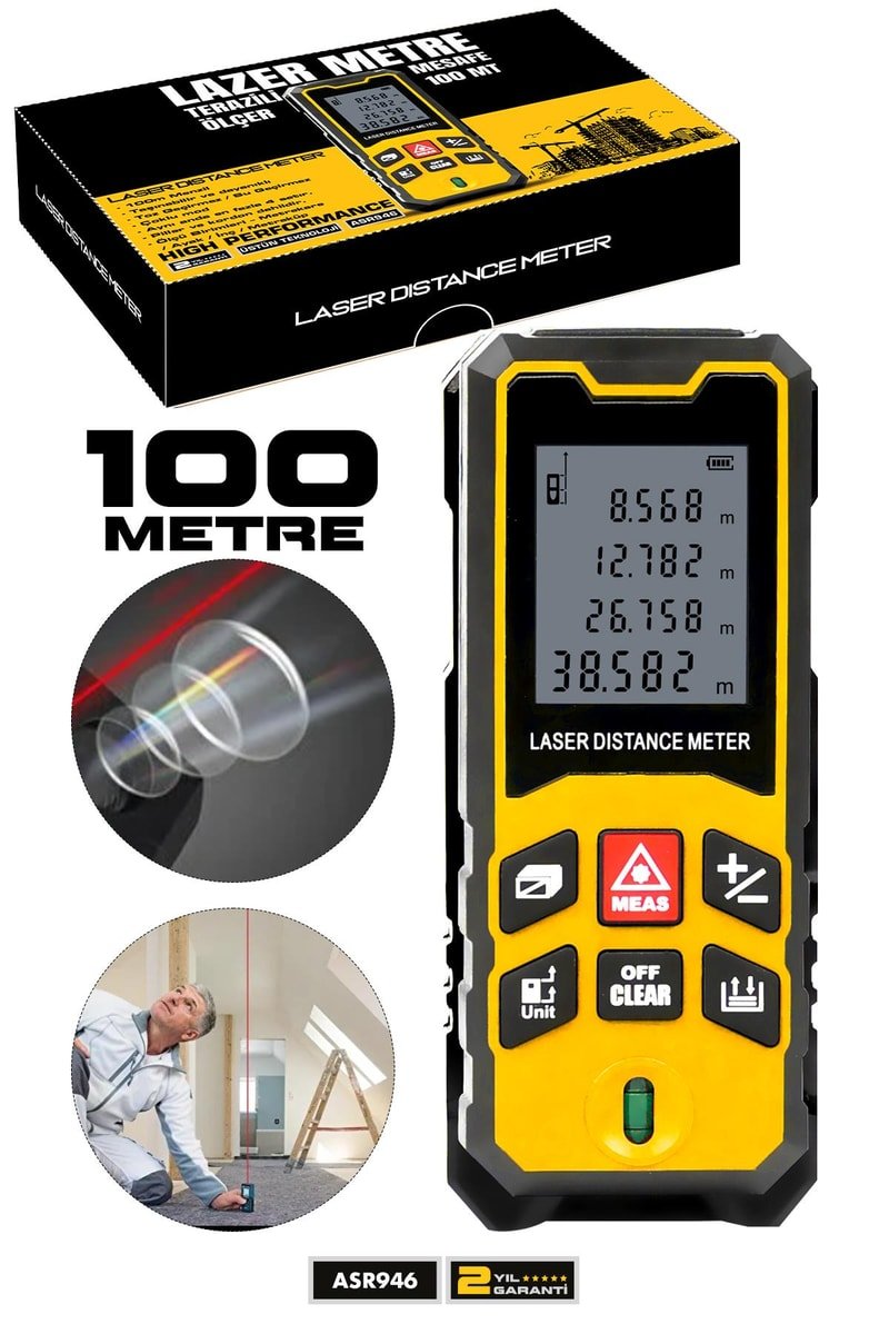 Assur Profesyonel Lazer Terazili Dijital Mesafe Ölçer 100 Metre Ölçüm Cihazı Sarı
            
            
                (ASR946-03)