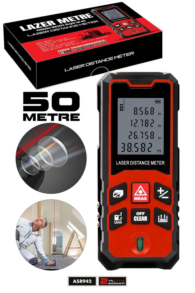 Assur Profesyonel Lazer Terazili Dijital Mesafe Ölçer 50 Metre Ölçüm Cihazı Kırmızı
            
            
                (ASR942-03)