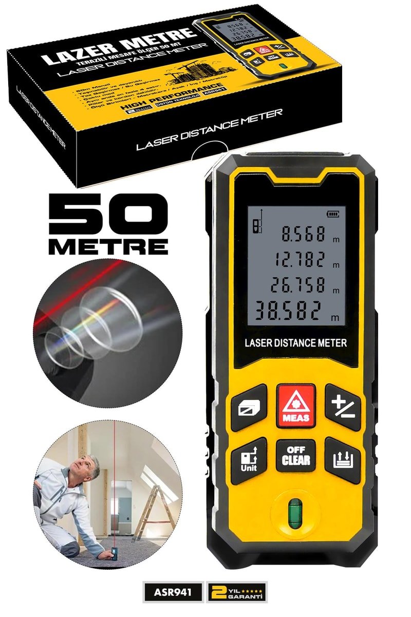 Assur Profesyonel Lazer Terazili Dijital Mesafe Ölçer 50 Metre Ölçüm Cihazı Sarı
            
            
                (ASR941-03)