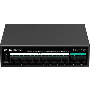 RUIJIE REYEE RG-ES110FG-P 8x PoE Port Fast (10/100) 2x Uplink Gigabit (10/100/1000) - - 110 W Yönetilmez Switch Deskt